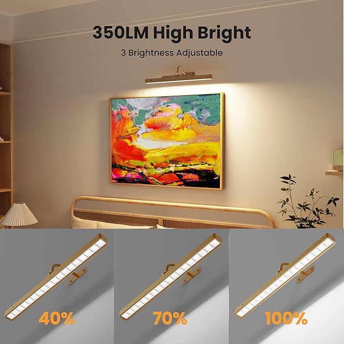 Wireless Picture Light Battery Operated, 16in Picture Light for Wal, 2Pack Rechargeable 5000mAh Battery Wall Sconce for Wall Pictures, Gallery Artwork, Paintings, Portraits, Dartboards- Brass
