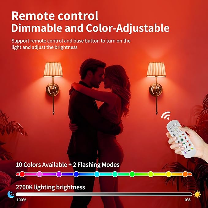 Cordless Wall Sconces Set of 2,10000mAh Battery Operated Wall Sconces Set of Two with RGB LED, Remote, Timer & Dimmable Fabric Gold Wall Lamps for Bedroom, Living Room, Hallway, Night Light (Gold) - Aura Lighting