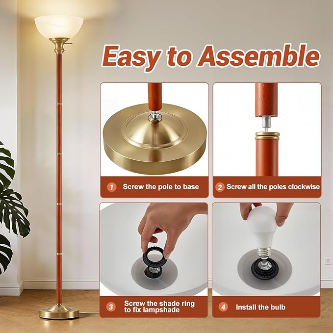 EJIAXIN Wood Floor Lamp for Living Room - Gold Standing Lamp with Glass Shade Torchiere Floor Lamps for Bedroom - Mid Century Modern Corner Tall Lamps for Home Office Nursery Industrial Reading Light