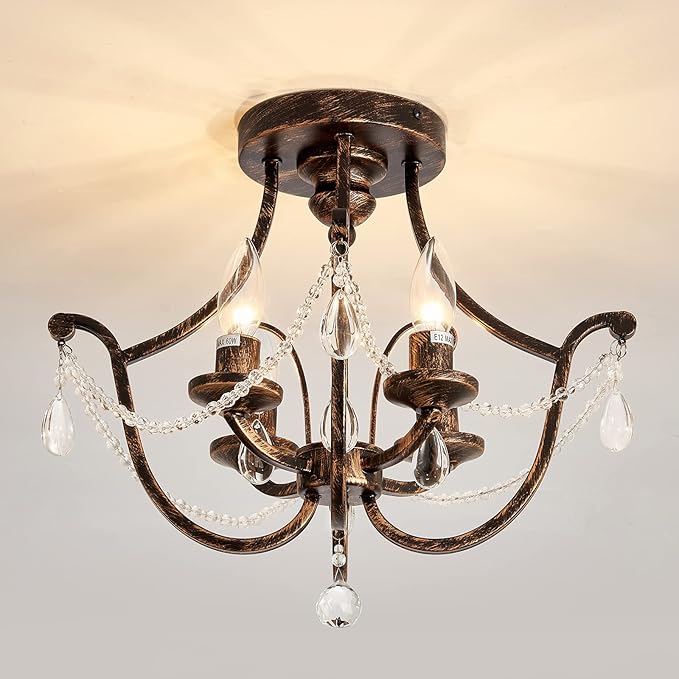 UOFUS Vintage Semi Flush Mount Crystal Chandelier Oil Rubbed Bronze 4-Light Small Metal Ceiling Light Fixture Farmhouse Ceiling Lamp for Foyer Kitchen Entryway Hallway Bathroom Bedroom Dining Room - Aura Lighting