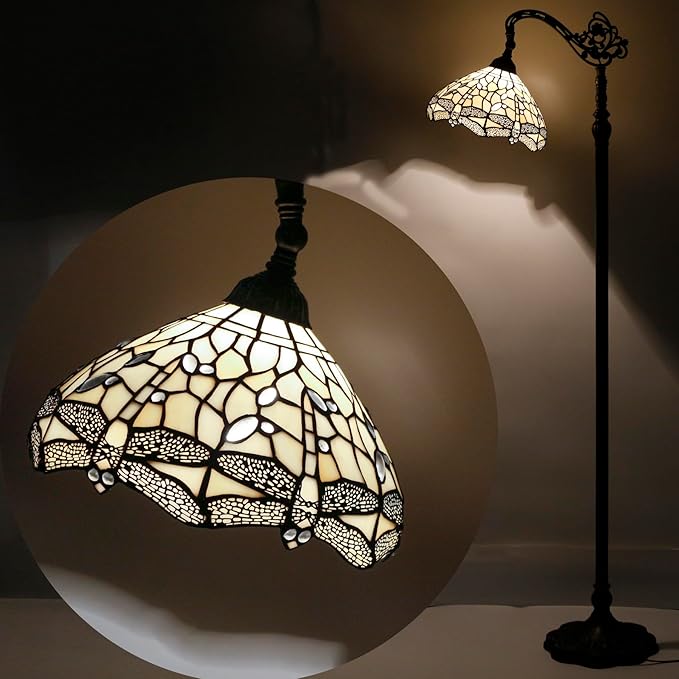 Tiffany Lamp Shade Replacement 12X6 Inch Stained Glass Lampshade Only 1-5/8-Inch Fitter Opening for Arched Floor Lamp, Torchiere Lamp, Pendant Light (Cream Color)
