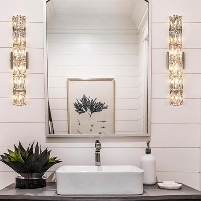 SAMTEEN Chrome Crystal Wall Sconce Contemporary 6-Light Crystal Sconces Wall Lighting Modern Nickel Wall Sconce Clear Glass Wall Light Fixture for Bathroom Living Room Bedroom Hallway - Aura Lighting