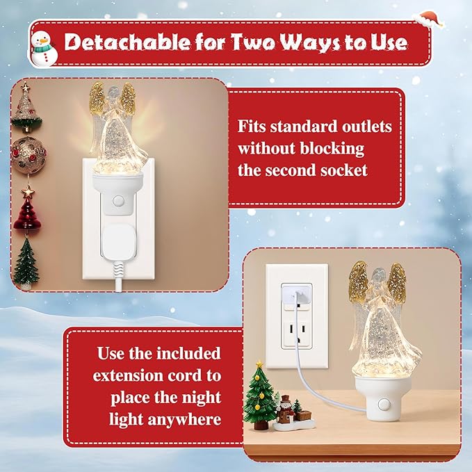 1 Pack Christmas Angel Night Light Plug into Wall Glitter Water Nightlight with USB/Outlet Options, Christmas Decorative Nightlight for Bedroom Kitchen Nursery Holiday Decorations Gifts (Angel)