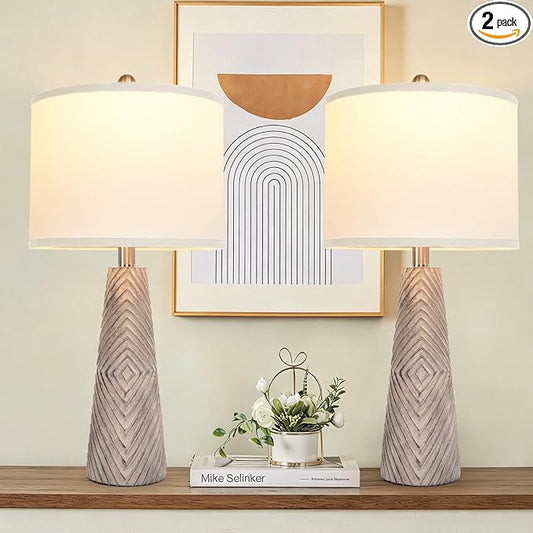 Terpsichore Nightstand Lamp Bedside Lamps Set of 2 Vintage Rustic Farmhouse Table Lamp 3 Way Dimmable Horizontal Stripe Light,for Living Room Bedroom,USB A+C (Gray, Hing 24 in)