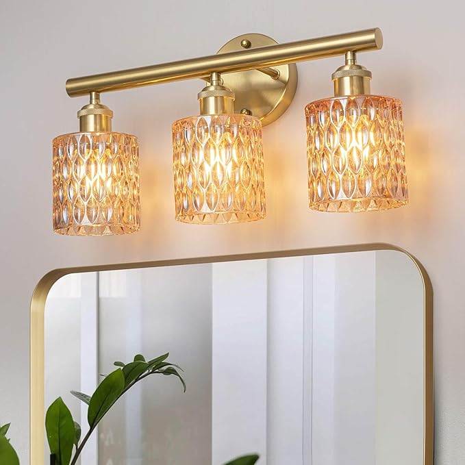 Bathroom Vanity Light, Gold Wall Fixture Over Mirror, Amber Glass Shade Lighting with Bulbs Included for Bedroom & Living Room,3-Lights
