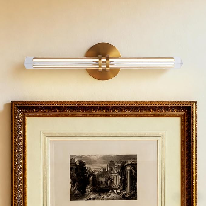 YUYI Crystal Picture Light for Wall, 18" Gold Linear Picture Light Hardwired, Modern K9 Crystal Dimmable Painting Lights for Wall Art, Mirror, Paintings, Picture Frame
