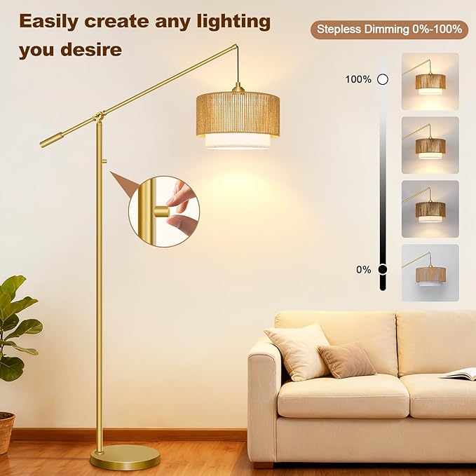 【Upgraded】Arc Floor Lamp for Living Room, Boho Dimmable Swing Arm Floor Lamp with Rattan & Fabric Shades, Gold Rattan Standing Lamp with 11W Bulb, Farmhouse Adjustable Tall Lamp for Bedroom Office
