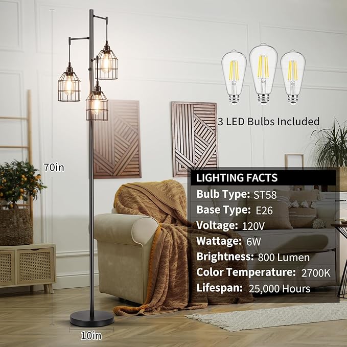 Sucolite 70" Dimmable Floor Lamp for Living Room, Industrial 3-Light Tree Floor Lamp Black with Cages, Farmhouse Rustic Tall Standing Lamp Floor Lighting for Bedroom Office, 3 Free LED Edison Bulbs