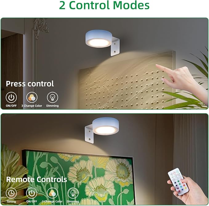 2 Pack Wireless Picture Lights for Wall,Rechargeable Picture Light Battery Operated with Remote,Dimmable Painting Light for Art Display,RGB Battery Wall Lights for Dartboard Photo Frame Gallery.White
