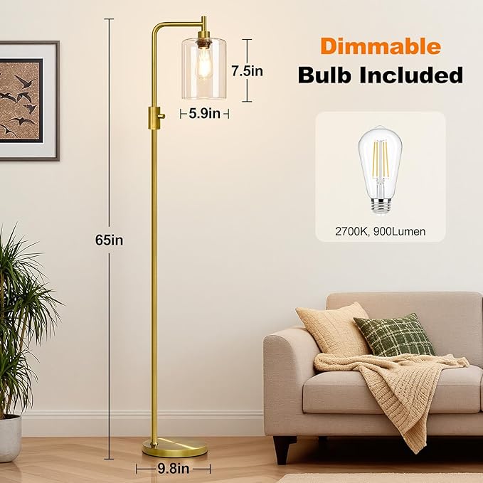 【Upgraded】Dimmable Floor Lamp for Living Room with Clear Glass Lampshade, Brass Modern Floor Lamp with 900LM Edison Bulb Included, Bright Standing Tall Lamp for Bedroom, Office, Reading Room, Corner