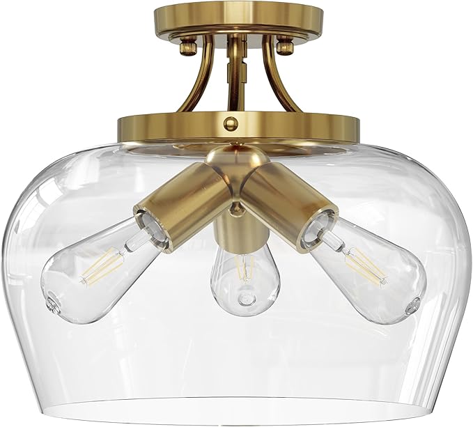 VONLUCE Semi Flush Mount Ceiling Light, 13.8" Ceiling Light Fixture with Clear Glass Shade, E26 Base, 3-Bulb Industrial Lighting Fixture for Hallway Entryway Bedroom, Brushed Gold, ETL Certificated - Aura Lighting