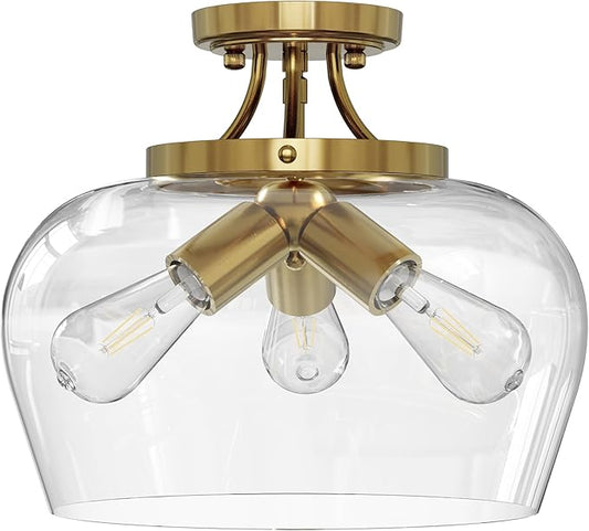 VONLUCE Semi Flush Mount Ceiling Light, 13.8" Ceiling Light Fixture with Clear Glass Shade, E26 Base, 3-Bulb Industrial Lighting Fixture for Hallway Entryway Bedroom, Brushed Gold, ETL Certificated - Aura Lighting