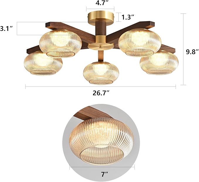 Modern Walnut Wood LED Ceiling Light Fixture,Glass Shade 5 Light Semi Flush Mount Wooden Ceiling Light,Farmhouse Walnut Solid Wood Brass Chandelier for Living Room,Bedroom,dinging Room