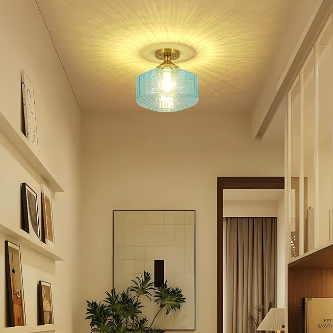 11.8in Semi Flush Mount Ceiling Light Fixture, Vintage Striated Glass Kitchen Lighting Fixtures Ceiling Mount for Entryway Hallway Bedroom Dining Room Bathroom Foyer Laundry (Blue)