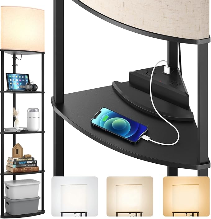 addlon 5-Tier Corner Shelf Floor Lamp with Type C, USB Port & 1 Power Outlet and 3CCT LED Bulb, Modern Display Lamp for Narrow Corner Bookshelf lamp for Living Room, Bedroom, Office - Black