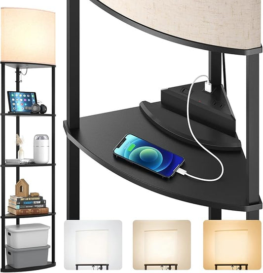 addlon 5-Tier Corner Shelf Floor Lamp with Type C, USB Port & 1 Power Outlet and 3CCT LED Bulb, Modern Display Lamp for Narrow Corner Bookshelf lamp for Living Room, Bedroom, Office - Black