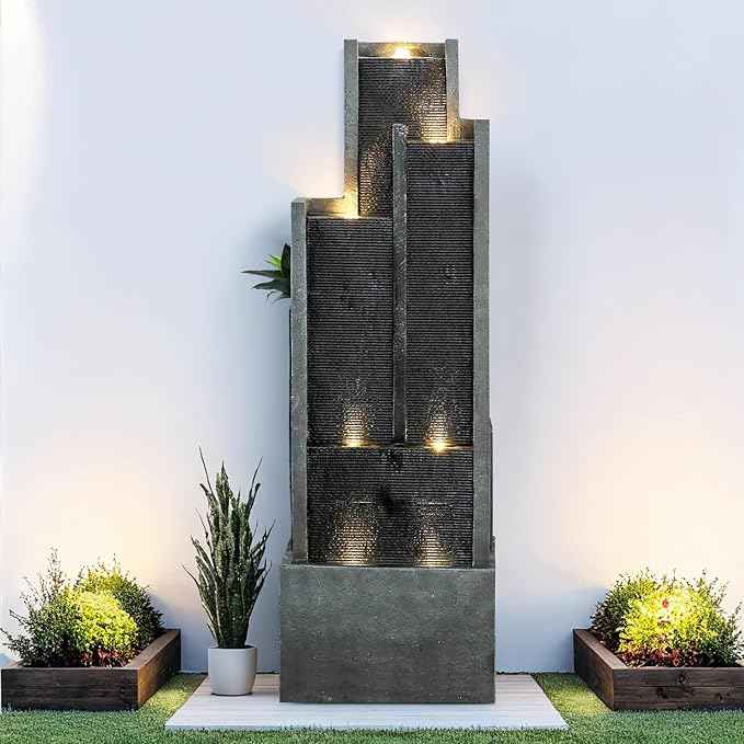 SunJet 5-Tier Modern Water Fountain, Indoor/Outdoor Resin Water Fountains with Soothing Water Sounds & Warm LED Light, Perfect for Garden, Patio, Home & Office, 16.9" L x 9.8" W x 50.7" H