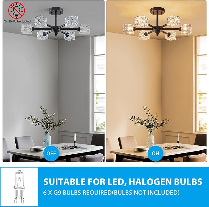 XINGQI Black Chandelier 6-Light 20" Semi Flush Mount Ceiling Light Fixture Modern Round Sputnik Chandelier for Bedroom Entryway Dining Room Living Room - Aura Lighting