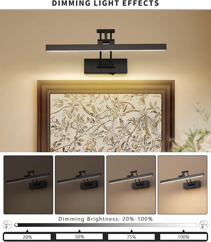 Rechargeable Lights for Pictures on Wall Battery Operated Black 15.7 Inch Wall Lights with Swing Arm and Timer Function Cordless Art Light with Remote Timer for Paintings,Gallery