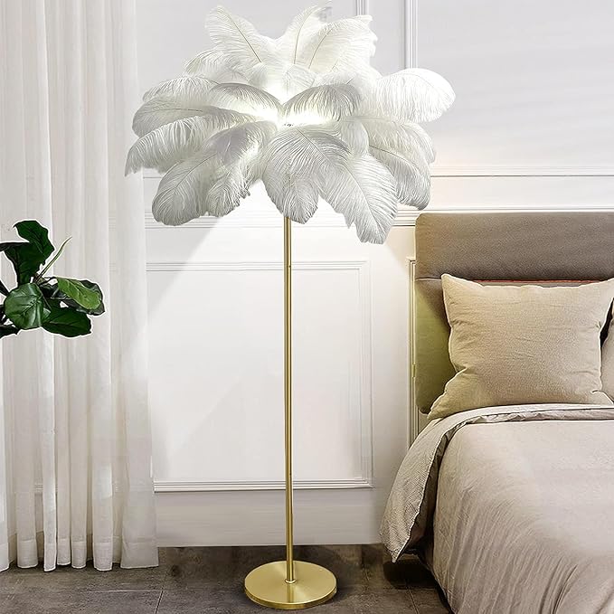Ostrich Feather Floor Lamps, 3 Colors LED Bulb, Bedroom & Living Room Decorative Lamp (62.99 Inch High)