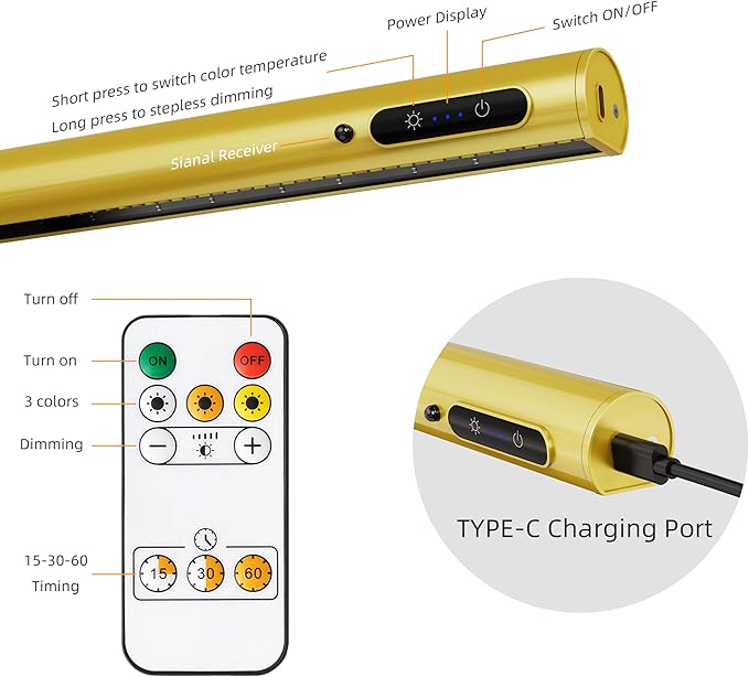 Wireless Picture Light, Battery Operated LED Painting Lights with Remote Control, Dimmable, Timer for Art Frame (Gold-13.8inch)
