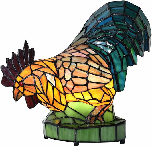 Bieye L12012 Colorful Rooster Tiffany Style Stained Glass Accent Table Lamp Night Light for Bedside Living Room Decoration (Multi-Colored, 5.75Dx13Wx12H)