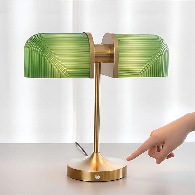 Vintage Milk Glass Bankers Desk Lamp - Dimmable Touch Control Bedside Lamp with USB A+C Charging Ports, for Bedroom Nightstand & Living Room, Bulb Included (Green)