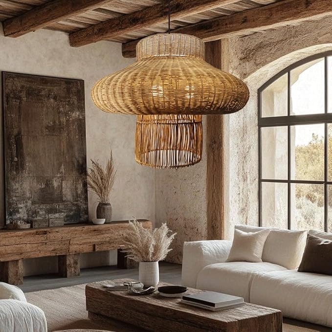 Lantern Shape Rattan Pendant Light, Handwoven Wicker Chandelier,Natural Plant Rattan Hanging Lamp,Japanese Wabi-Sabi Chinese Zen Southeast Asian Fixture,for Living Room Tea Room Restaurant