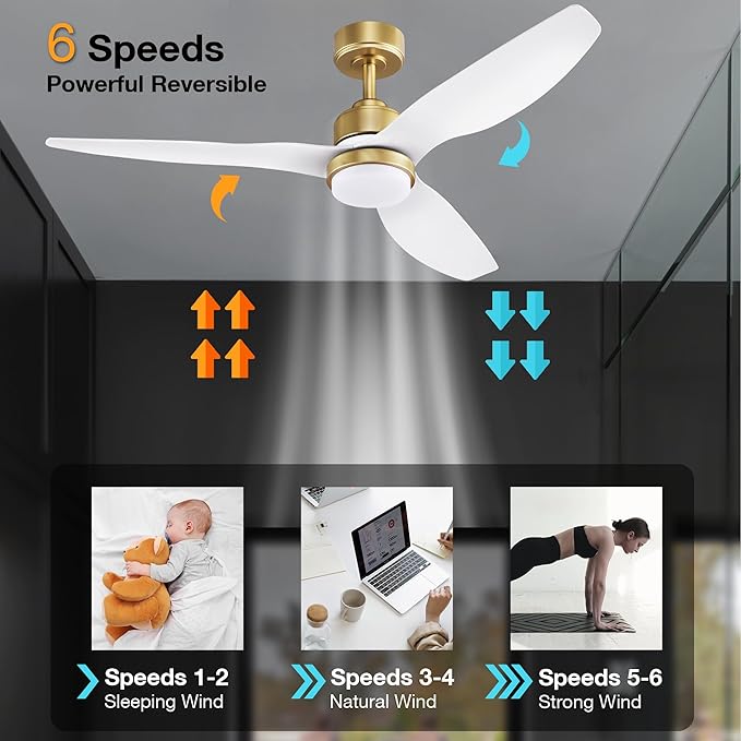 52 Inch Smart Ceiling Fans with Lights and Remote,Dimmable LED Light,Outdoor Indoor Gold White Ceiling Fan,Quiet DC Motor,High CFM 6 Speed,WIFI Alexa App Workable,for Bedroom Living Room Patio - Aura Lighting