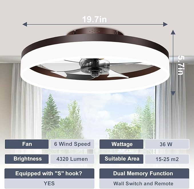 VOLISUN Low Profile Ceiling Fans with Lights and Remote, 19.7in Fandelier Ceiling Fan Flush Mount, 3000K-6500K Smart Bladeless LED Fan Light, Brown Modern Ceiling Fans with Lights for Bedroom - Aura Lighting