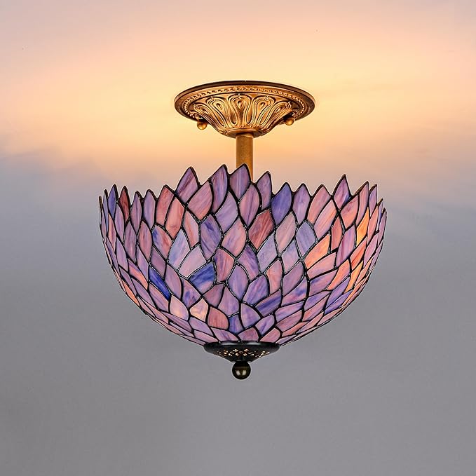 Wisteria Style Tiffany Ceiling Light Fixture Stained Glass Semi Flush Mount Lamp Wide 12 Inch Height 11 Inch Vintage Inspired Lighting Statement for Bedroom Hallway Entryway (Deep Blue)