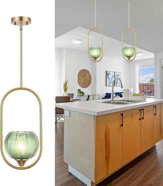 Modern Gold Globe Pendant Light with Green Globe Glass Lampshade Mid Century Chandelier 1-Light Brushed Brass Frame Ceiling Hanging Lighting Fixture for Kitchen Island Dining Room Bedroom