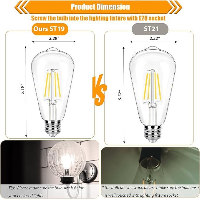 12 Pack 4000K Cool White Dimmable LED Light Bulbs 40W Equivalent, E26 Base Edison Bulbs 40 Watt, Vintage 4W LED Bulbs, Decorative ST19 Bulbs for Ceiling Light Fixtures