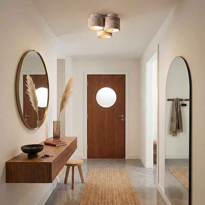 Flush Mount Ceiling Light, Travertine Stone Lamp with Beige Shade, Minimalist Surface Mount Fixture for Hallway, Balcony, Bedroom, Entryway, Corridor, Apartment, Home Decor Residential(Large)
