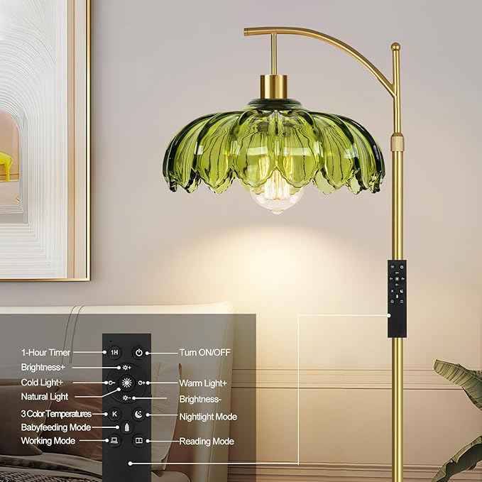 Gold Floor Lamps for Living Room Vintage Green Floor Lamp with Remote Control & Glass Lampshape,Dimmable Mid Century Modern Standing Lamp Tall Flower Lamp Brass Floor lamp for Bedroom Corner