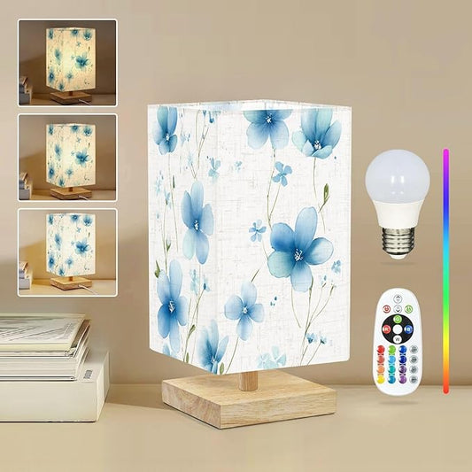 Square Table Lamp for Bedroom Soft Blue Floral Delicate Flowers Green Stems White Beside Lamps Desk lamp with Wood Base Nightstand Lamps for Nursery Living Room Home Decor