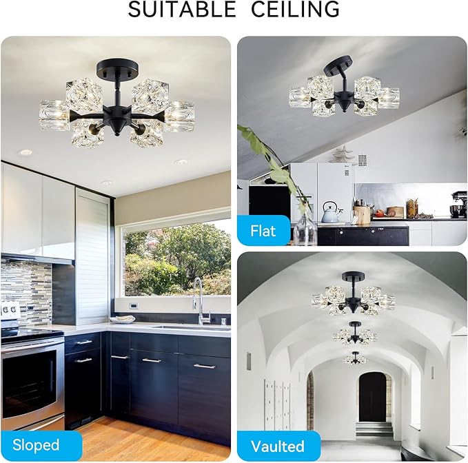 XINGQI Modern Sputnik Chandelier 6-Lights Black Ceiling Light Fixture Small Farmhouse Semi Flush Mount Ceiling Light Glass Industrial Lighting for Hallway Dining Room Living Room Kitchen Bedroom - Aura Lighting