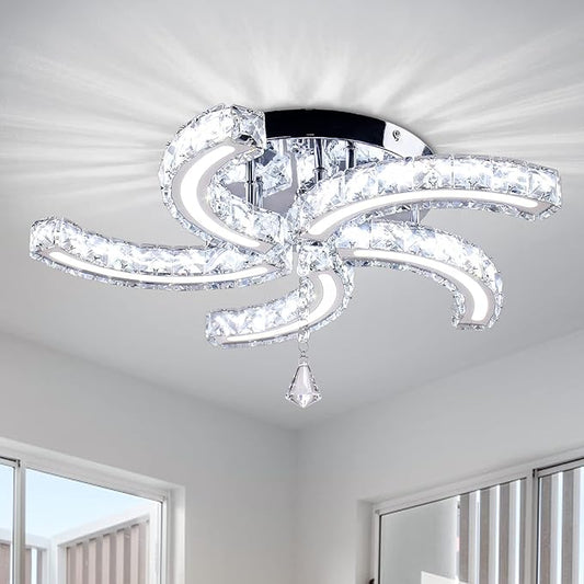 Modern Crystal Chandeliers Acrylic Crystal Led Ceiling Light Fixtures Arm Pendant Lighting Stainless Steel Ceiling Lamp Hanging Lights for Living Room Dining Room Bedroom (Cold White)
