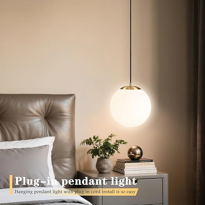 KoKo&Yukina 8" Globe Pendant Light Gold Plug in Pendant Light Adjustable Hanging Lights with Plug in Cord Brushed Gold Finished with Milk Glass Lampshade for Bedroom Kitchen Island（Bulb Included）