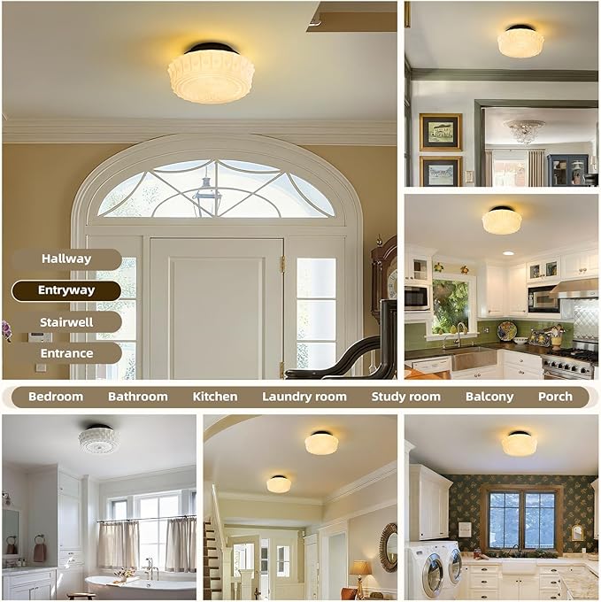 Milk Glass Schoolhouse Ceiling Light - Small 12 Inch Vintage Mid Century Modern Flush Mount Lighting Fixtures - Antique Art Deco Lamp for Hallway Bedroom Kitchen Entryway Laundry Foyer Bathroom Hall - Aura Lighting