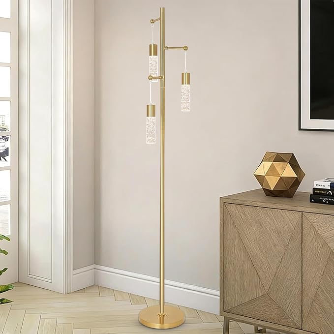Gold Floor Lamps for Living Room, Modern Brass Standing Lamp with Bubble Crystal Shades, 3 Built-in LED Lights, ON/Off Foot Switch, Industrial Tall Tree Lamp for Bedroom Corner Home Office