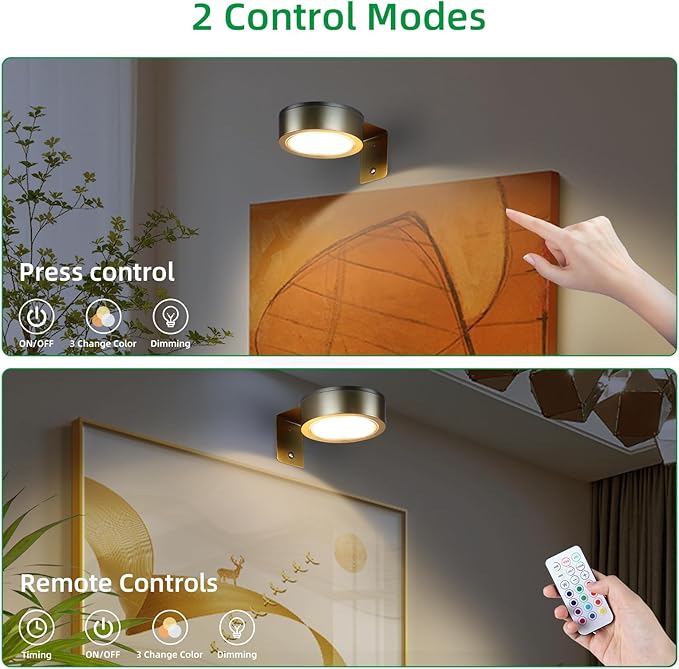 2 Pack Wireless Picture Lights for Wall,Rechargeable Picture Light Battery Operated with Remote,Dimmable Painting Light for Art Display,Battery Wall Lights for Dartboard Photo Frame Gallery.Gold