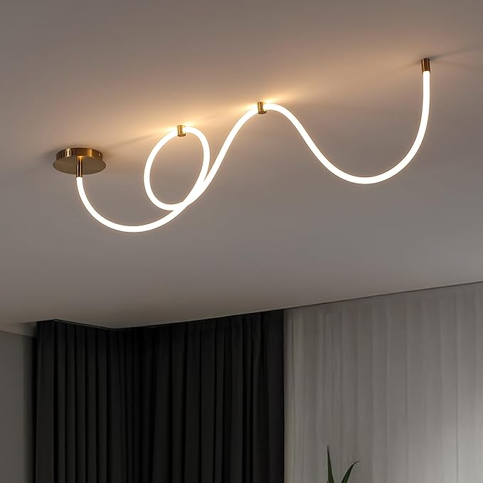 JONATHAN Y 55" Brass Gold Modern Minimalist Linear LED Flush Mount Light, 360° Adjustable Silicone Neon Rope, Dimmable Lamp for Bedroom, Living Room, Home Office JYL7141A