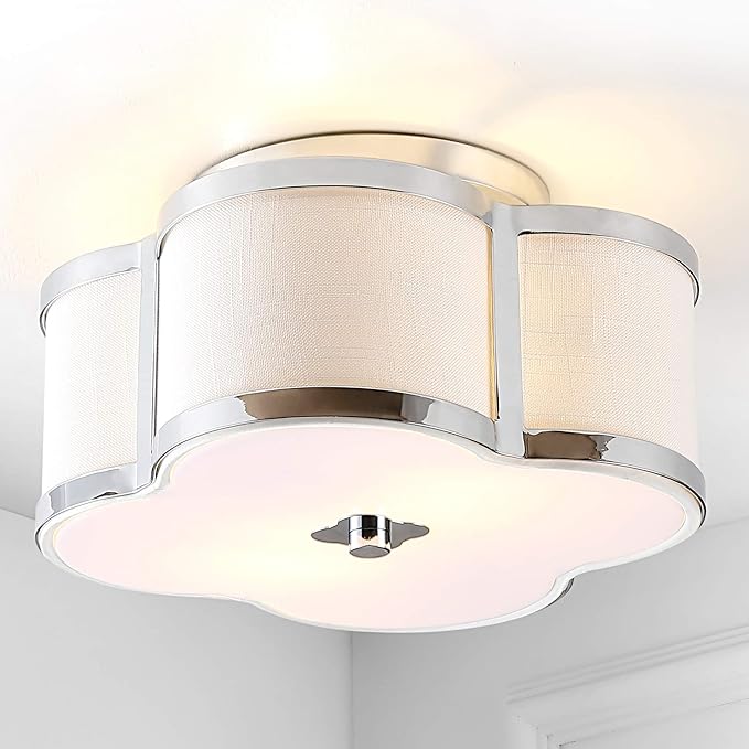 JONATHAN Y 13" Chrome Modern Scalloped LED Flush Mount Ceiling Light Fixture, White Linen Shade Quatrefoil Chandelier for Bedroom Living Room Kitchen Hallway Foyer JYL9507A