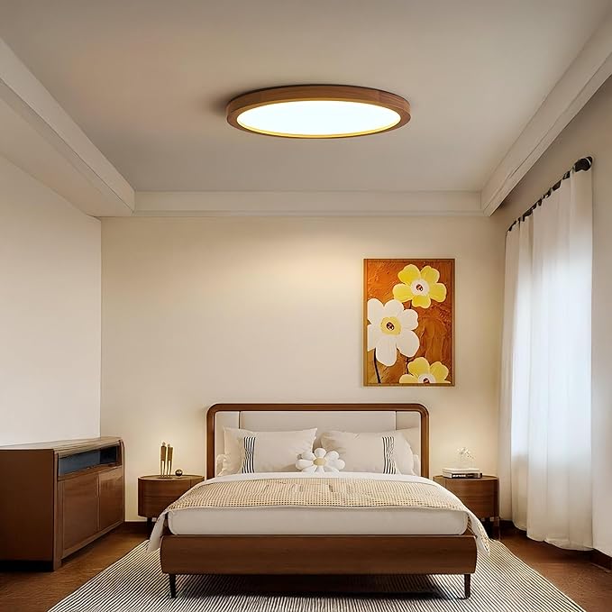 Ultra-Thin LED Ceiling Light Fixture 20.47", Handcrafted Walnut Wood Modern Wabi-Sabi Style, Slim 2.5cm Profile, 37W LED 3000K-4000K-6000K, Round Minimalist Lamp for Bedroom Kitchen Hallway