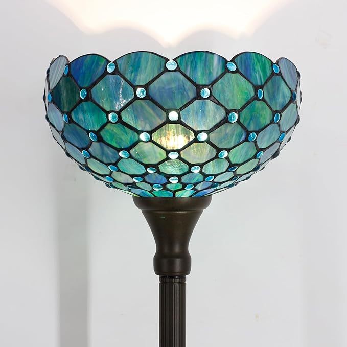 Tiffany Lamp Shade Replacement 12X6 Inch Stained Glass Lampshade Only 1-5/8-Inch Fitter Opening for Arched Floor Lamp, Torchiere Lamp, Pendant Light (Blue)