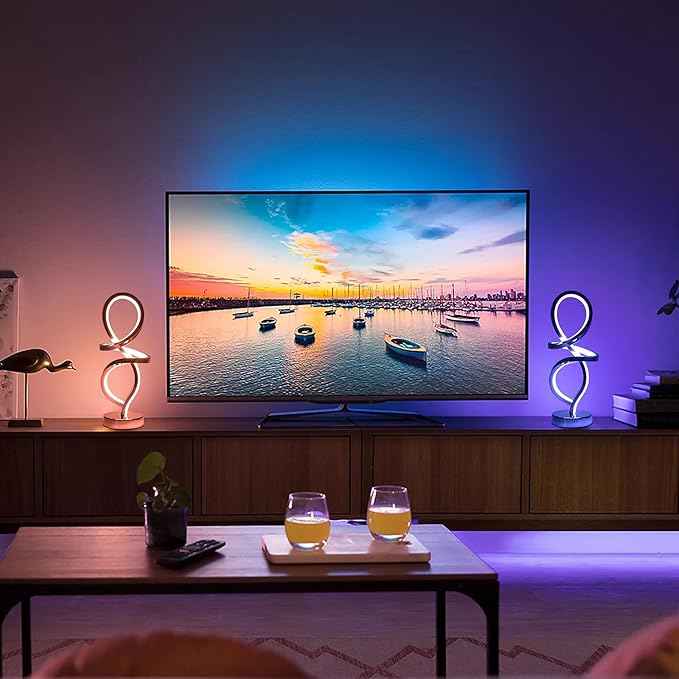 Mayful Modern RGB Table Lamp with LED Spiral Design, Silver Bedside Lamp & Nightstand Lamp, Touch Dimmable with 7 Colors & 10 Modes for Bedroom, Living Room, Home Office, 15W