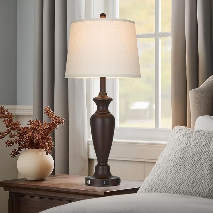 30" Tall Brown Table Lamps Set of 2 for Living Room, Touch Control Bedside Lamps for Bedroom Nightstand, 3-Way Dimmable Farmhouse Lamps with Charging Ports (2 LED Bulbs Included)