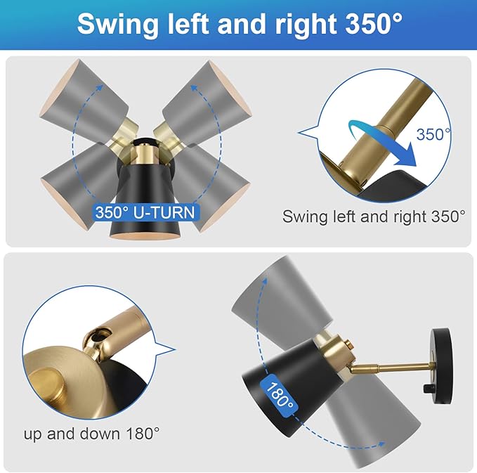 Wall Sconce Plug in, Dimmable Wall Sconces Adjustable Wall Lights with Plug in Cord and Dimmer On/Off Rotary Switch, Wall Mounted Light for Bedside Bedroom LivingRoom(2 Bulbs Included)