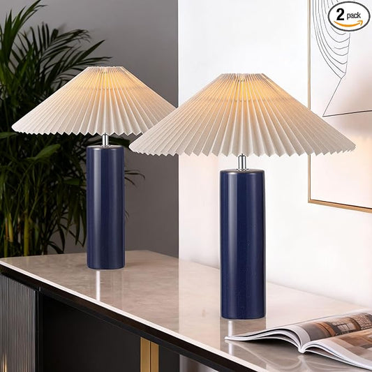 Ceramic Table Lamps for Bedroom Set of 2, Adjustable Shade Lamps for Night Stands, Modern Cylindrical Nightstand Table Lamps 5W E26 for Bedroom Bedside Buffet, Blue